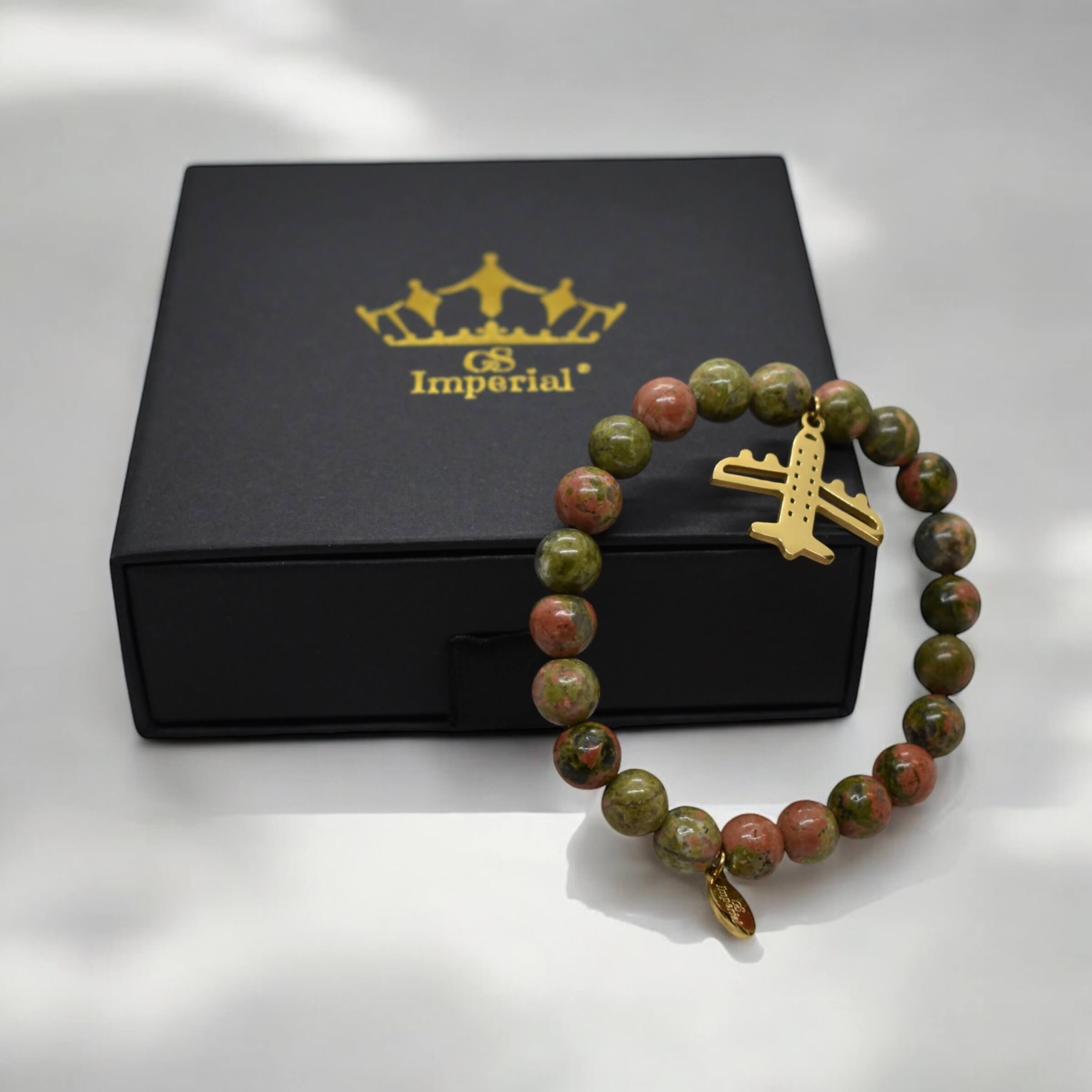 Mooie Armband Met Unakite Kralen En Gouden Vliegtuig Bedel - GS Imperial®