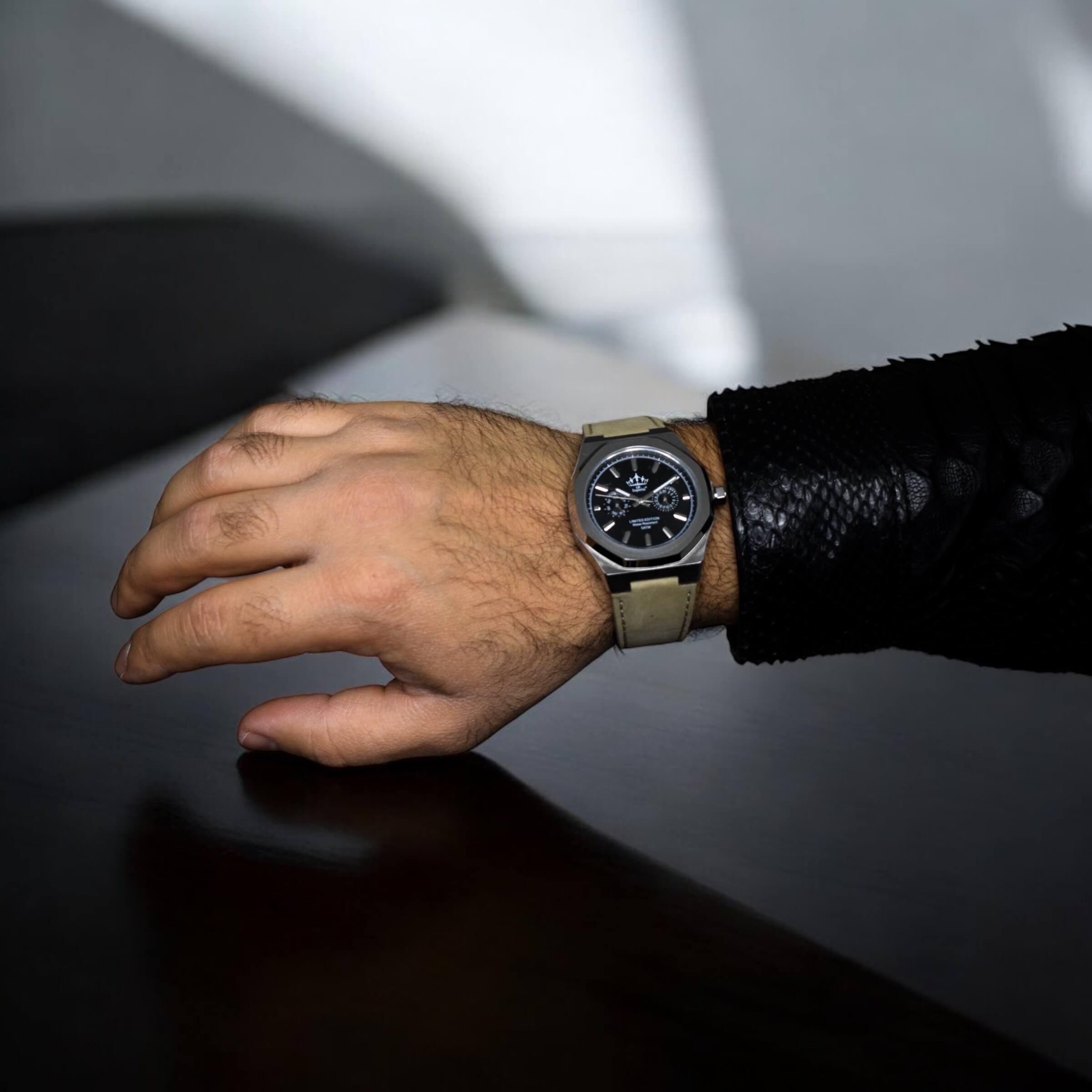 Chronograaf Roestvrij Staal Herenhorloge Met Safferglas Leren Band 5ATM (Regen- & Spatwaterdicht) - GS Imperial® - GS Imperial®